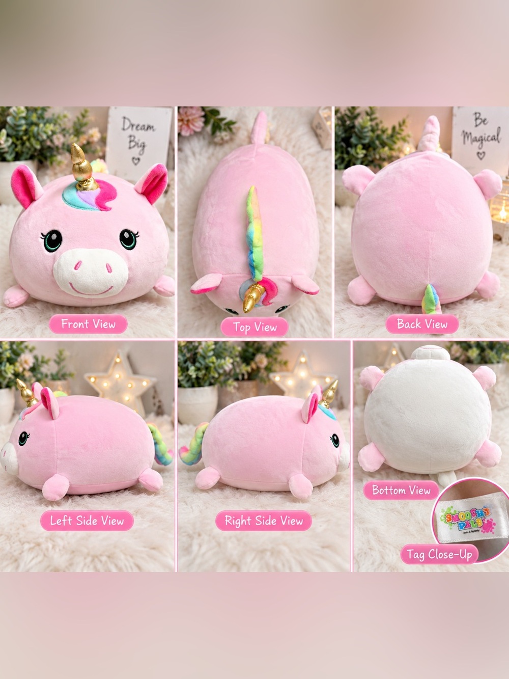 Smoochy Pals Pink Unicorn Plush 12” Rainbow Mane Gold Horn Stuffed